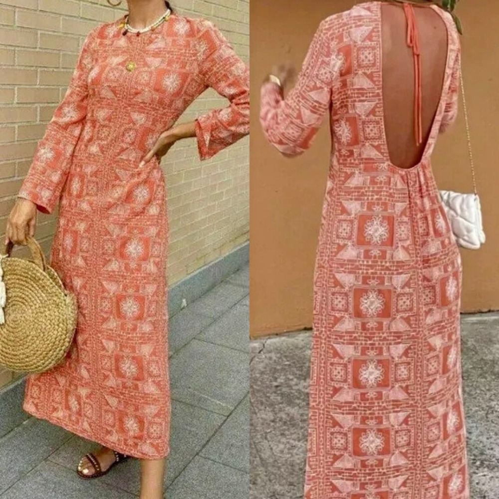 ZARA Long Embroidered Dress, open back,‎ XS Coral, Influencer favorite Tie Neck